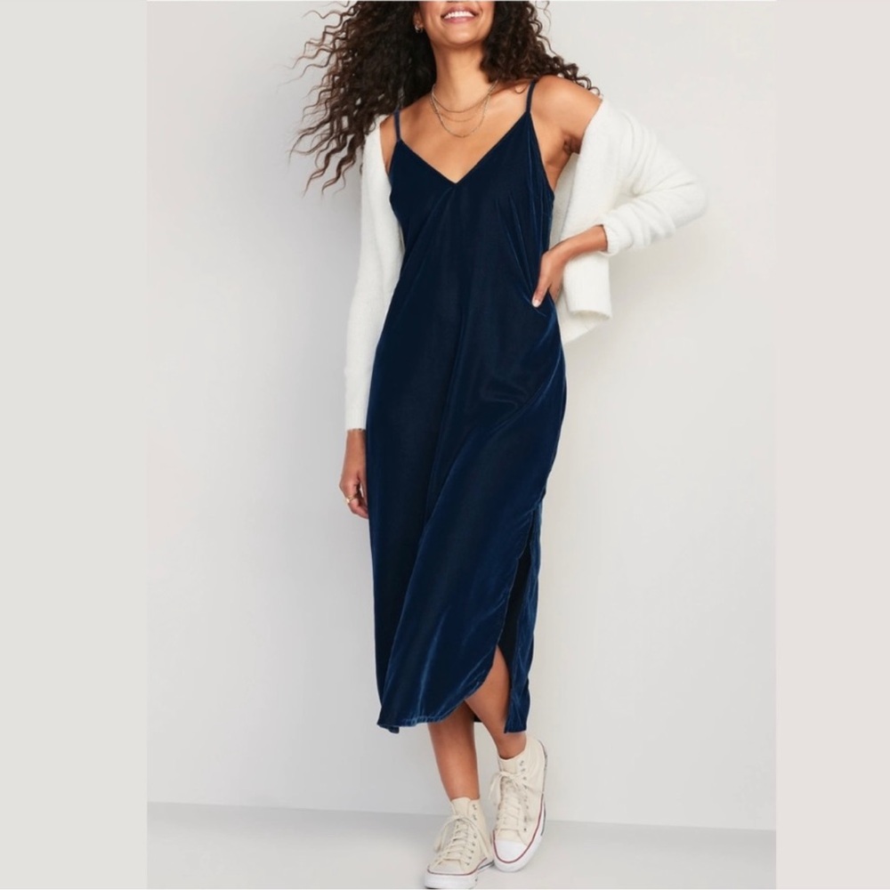 Old Navy Navy Blue Satin Midi Slip Dress